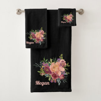 Beautiful Rustic Floral Bouquet Soft Black Bath Towel Set