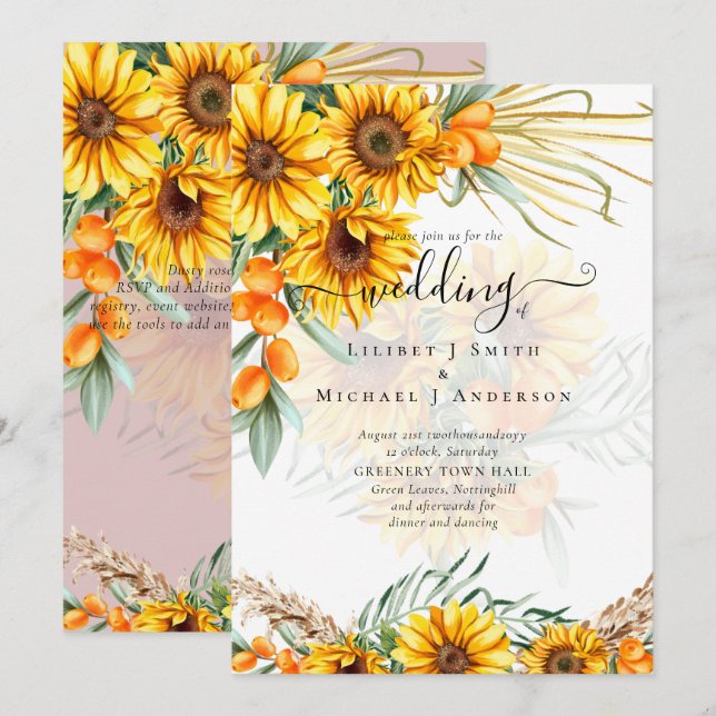 Beautiful Rustic Sunflowers Pampas Grass Wedding Invitation (Front/Back)