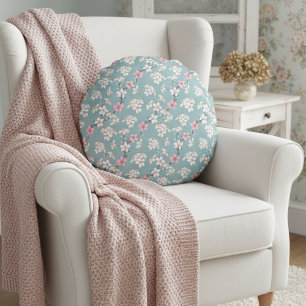 Beautiful Rustic Vintage Cherry Blossoms Round Pillow