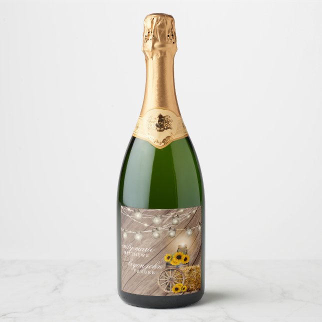 Beautiful Rustic Wood Barrel and Sunflowers Sparkling Wine Label (Front)