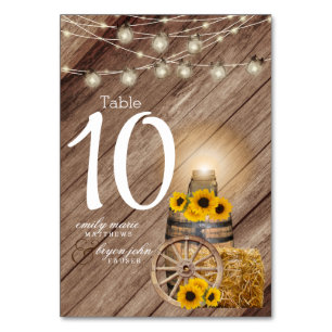 Beautiful Rustic Wood Barrel and Sunflowers Table Number