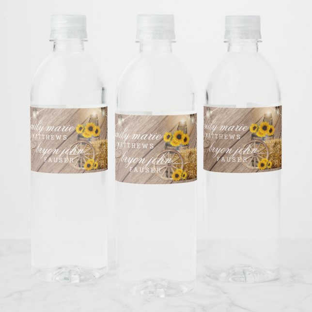 Beautiful Rustic Wood Barrel and Sunflowers Water Bottle Label (Bottles)