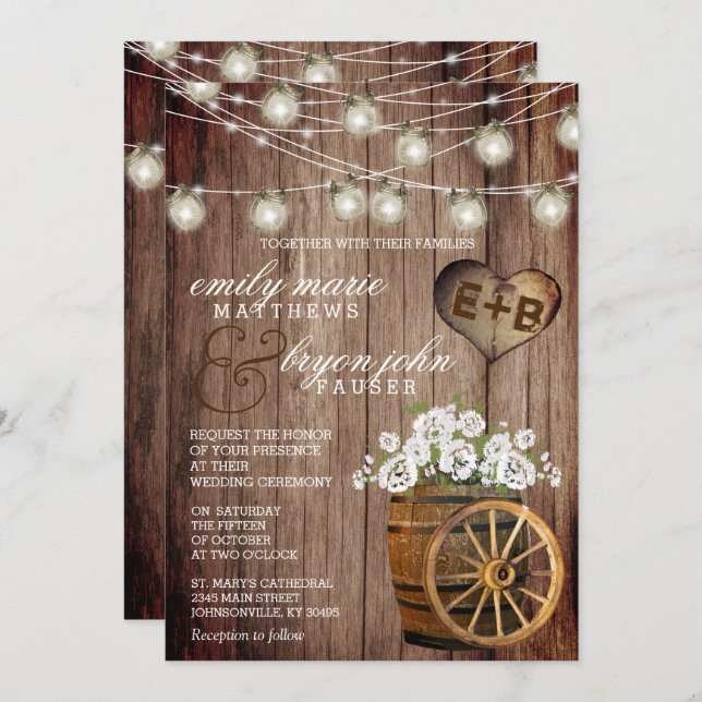 Beautiful Rustic Wood Barrel & White Flowers  Invitation (Front/Back)