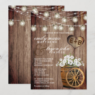 Beautiful Rustic Wood Barrel & White Flowers Invitation