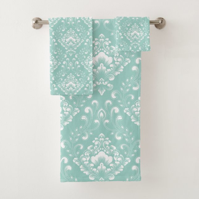 Beautiful sage green and white floral pattern bath towel set (Insitu)