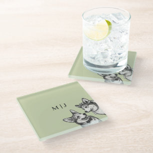 Beautiful Sage Green - Whimsical Corgi Wedding Glass Coaster