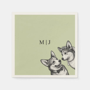Beautiful Sage Green - Whimsical Corgi Wedding  Napkin