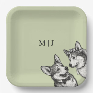 Beautiful Sage Green - Whimsical Corgi Wedding Paper Plate