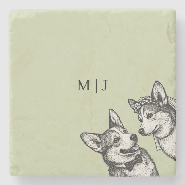 Beautiful Sage Green - Whimsical Corgi Wedding  Stone Coaster (Front)
