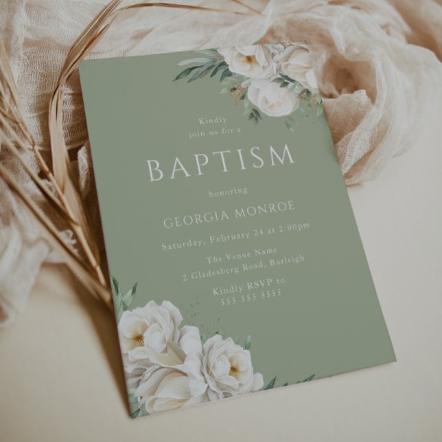 Beautiful Sage Green & White Floral Baptism Invitation (Creator Uploaded)