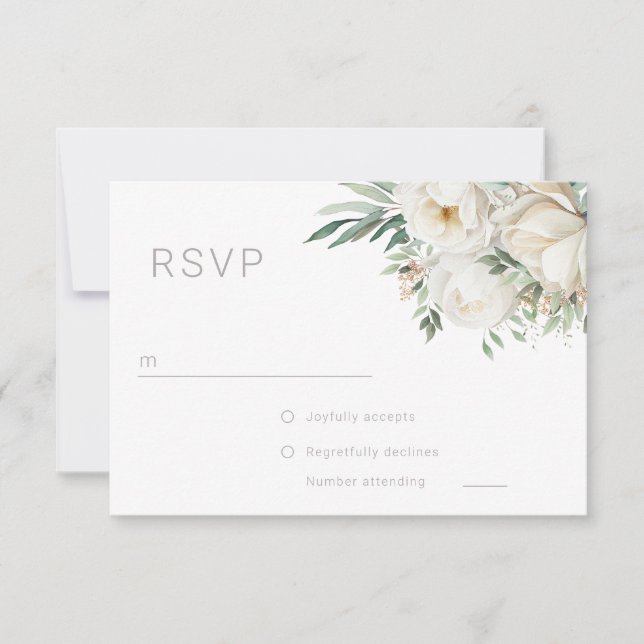 Beautiful Sage Leaf & White Flower Wedding RSVP Card (Front)