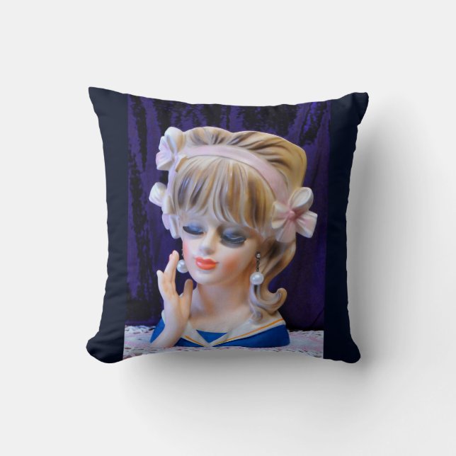 Beautiful Sailor Girl Head Vase Doll Pink Bows Throw Pillow (Front)