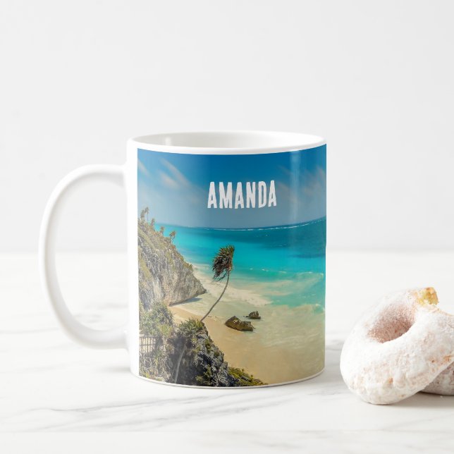 Beautiful Sandy Beach Tropical Paradise Coffee Mug (With Donut)