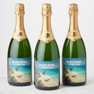 Beautiful Sandy Beach Tropical Paradise Wedding Sparkling Wine Label