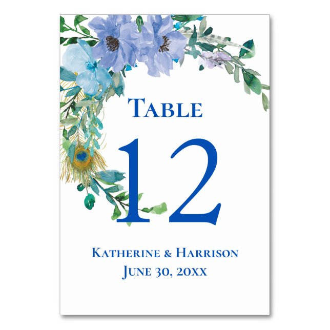 Beautiful Sapphire Blue Watercolor Floral Wedding Table Number (Front)