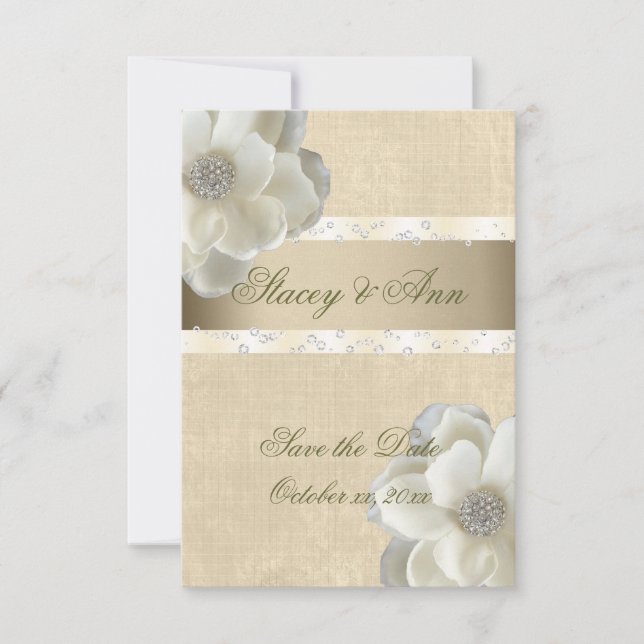 Beautiful, Save the Date White Roses & Bling. (Front)