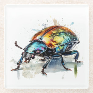 Beautiful scarab beetle in rainbow colours close u glass coaster