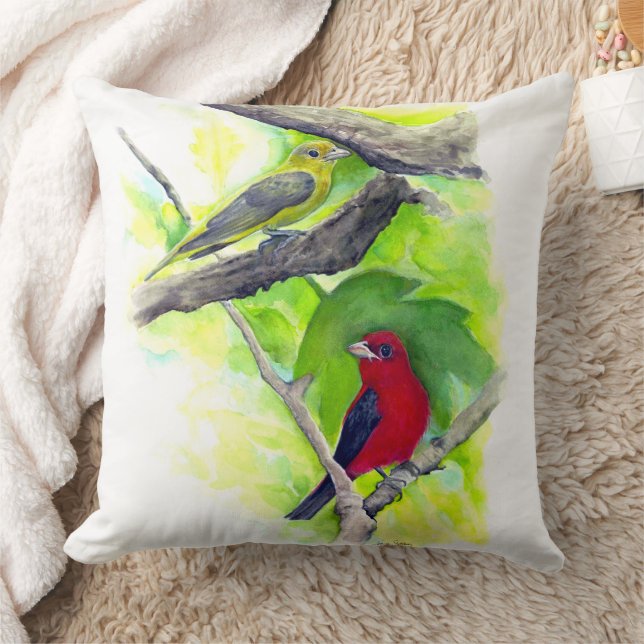 Beautiful Scarlet Tanager Birds Art Throw Pillow (Blanket)