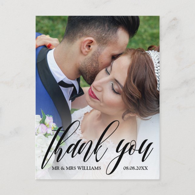 Beautiful Script Overlay Wedding Photo Thank You Postcard (Front)
