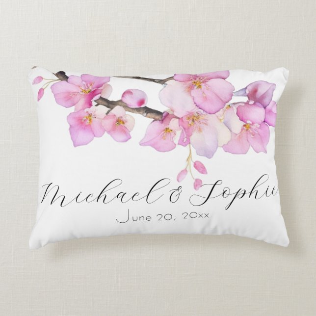 Beautiful script pink watercolor cherry blossoms  accent pillow (Front)