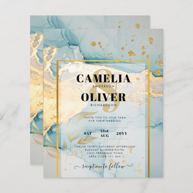 Beautiful Sea Glass Gold Wedding Invite Turquoise  (Front/Back)