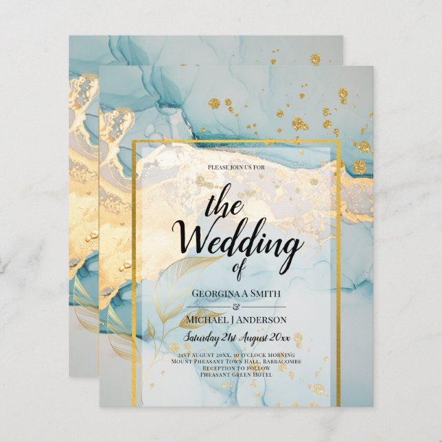 Beautiful Sea Glass Gold Wedding Invite Turquoise  (Front/Back)