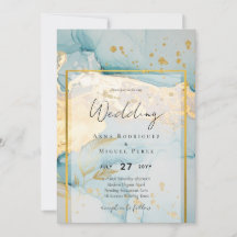 Beautiful Sea Glass Gold Wedding Invite Turquoise