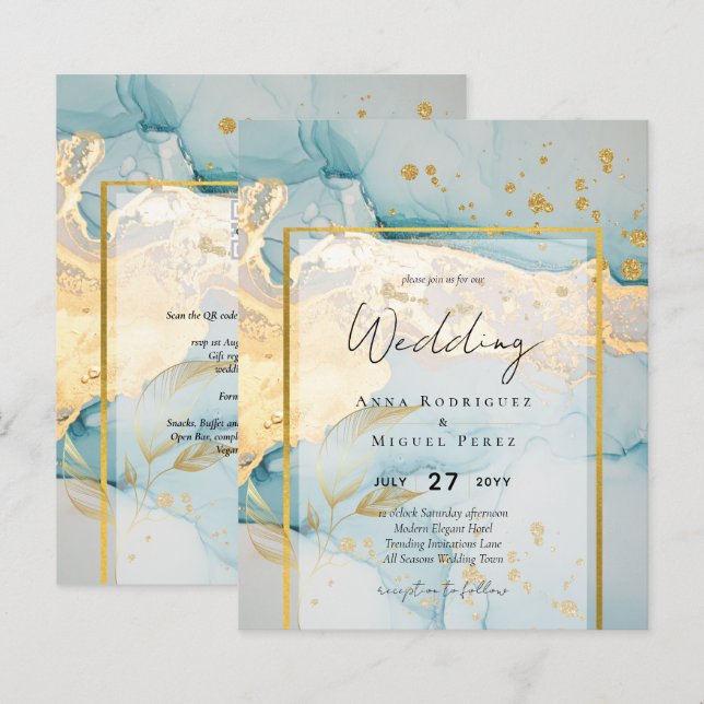 Beautiful Sea Glass Gold Wedding Invite Turquoise  (Front/Back)