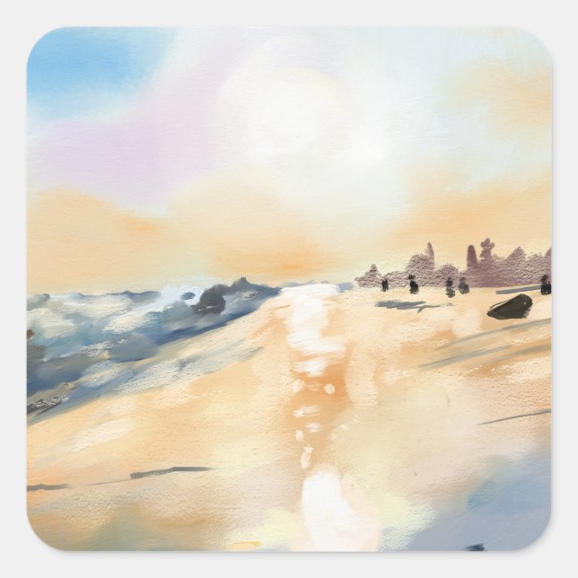 Beautiful sea side in oil painting square sticker (Front)
