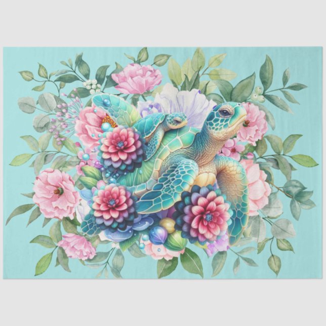 Beautiful Sea Turtles & Blue Peonies Decoupage  Tissue Paper (Front)