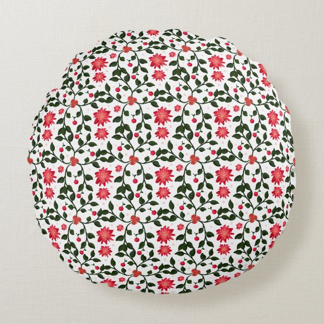 Beautiful seamless floral vine cherry pattern round pillow (Front)