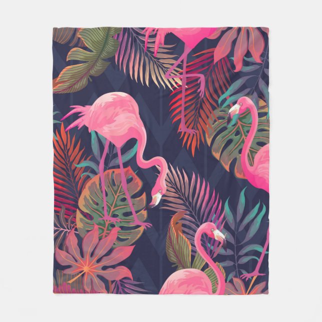 Beautiful seamless tropical pattern with pink flam fleece blanket (Front)
