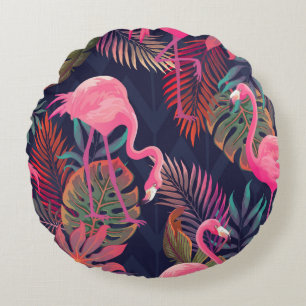 Beautiful seamless tropical pattern with pink flam round pillow