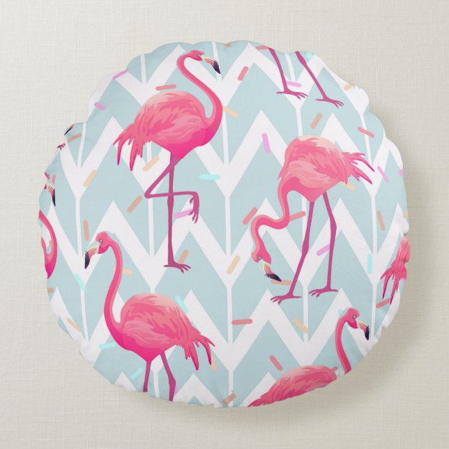 Beautiful seamless tropical pattern with pink flam round pillow (Front)