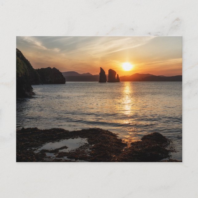 Beautiful seascape: view of rocks in sea at sunset postcard (Front)