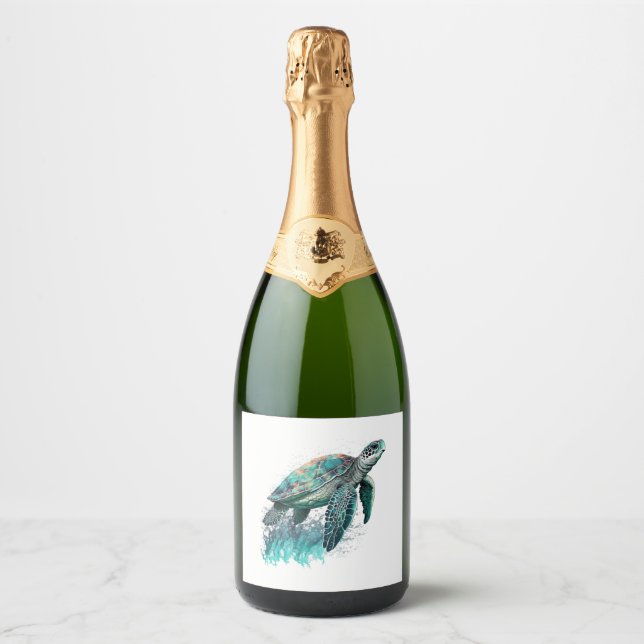Beautiful Seascape With Majestic Sea Turtle Sparkling Wine Label (Front)