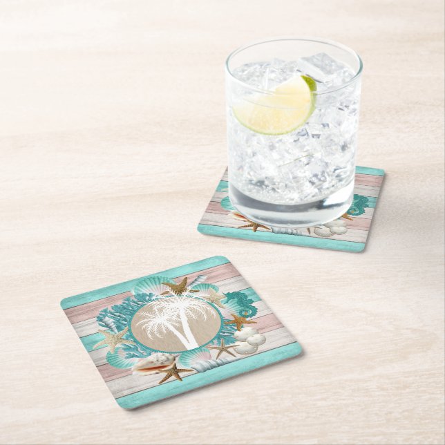 Beautiful Seashell and Beach Design Square Paper Coaster (Insitu)