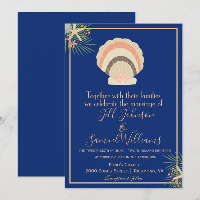Beautiful Seashell Beach Theme Blue Wedding Invitation (Front/Back)