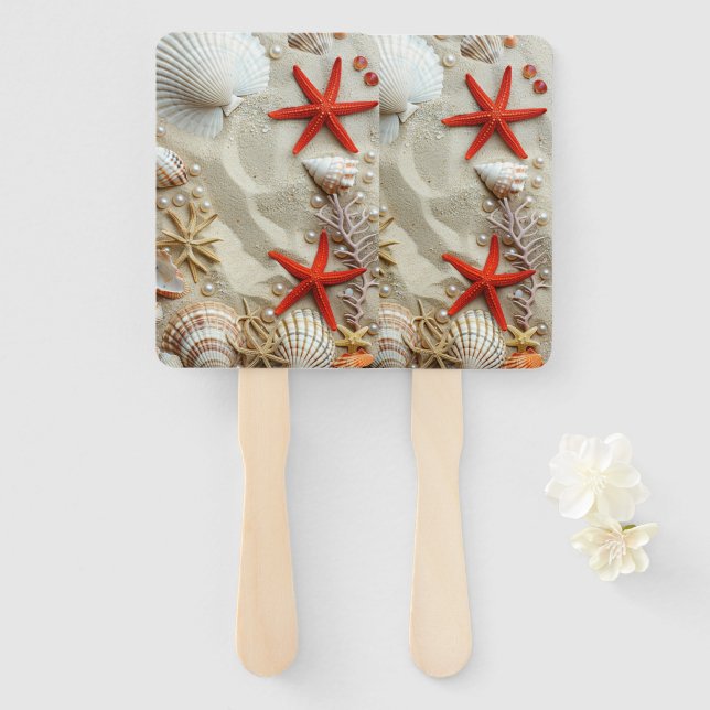 Beautiful Seashells Red Starfish Pearls Beach Hand Fan (Front and Back)
