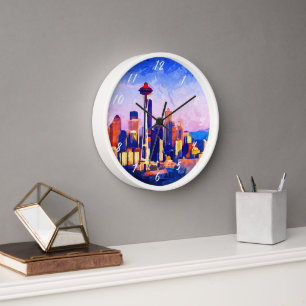 Beautiful Seattle Skyline Sunset Colors Watercolor Clock