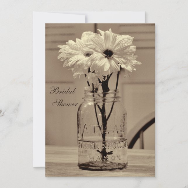 Beautiful Sepia Mason Jar & Daisies Bridal Shower Invitation (Front)