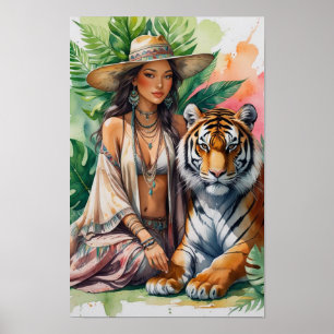 Beautiful Serene Boho woman and her tiger Poster