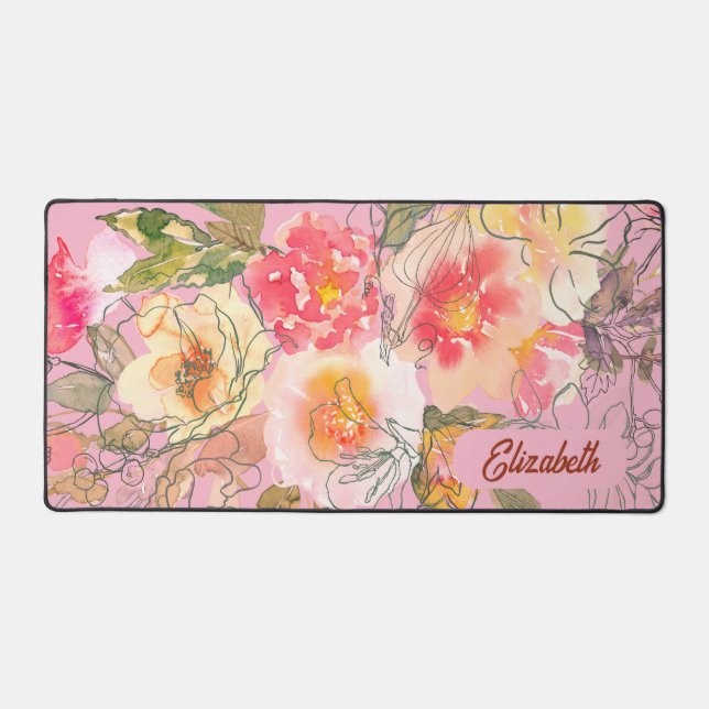 Beautiful Serene Pink And Yellow FLowers Name Desk Mat (Front)