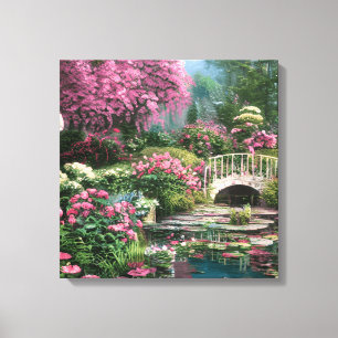 Beautiful Shabby Chic Flowers with Pond and Bridge Canvas Print