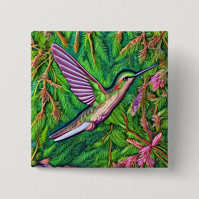 Beautiful Shabby Chic Little Hummingbird. 2 Inch Square Button (Front)