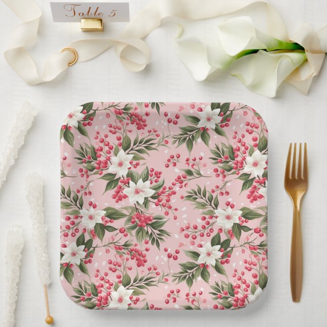 Beautiful Shabby Chic Pink Christmas Floral Berry Paper Plate (Wedding)
