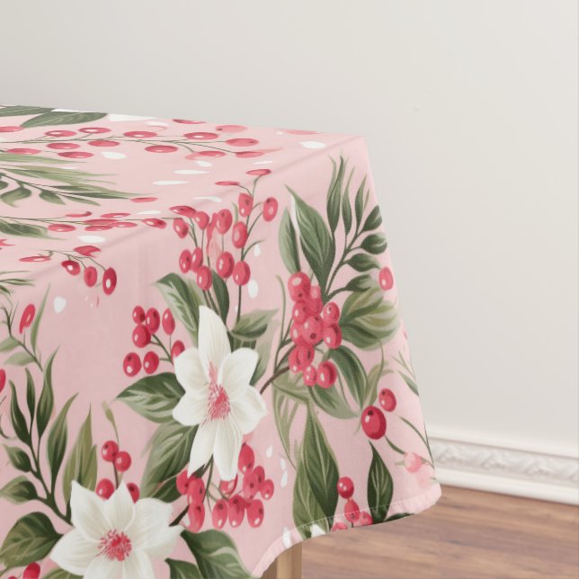 Beautiful Shabby Chic Pink Christmas Floral Berry Tablecloth (In Situ)