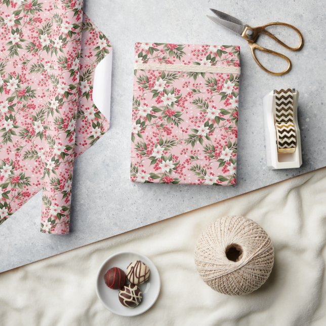 Beautiful Shabby Chic Pink Christmas Floral Berry Wrapping Paper (Crafts)