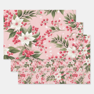 Beautiful Shabby Chic Pink Christmas Floral Berry Wrapping Paper Sheet