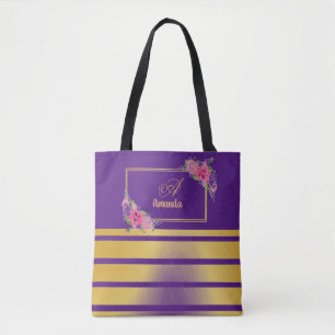 Beautiful Shiny Golden Stripes Girly Name Monogram Tote Bag
